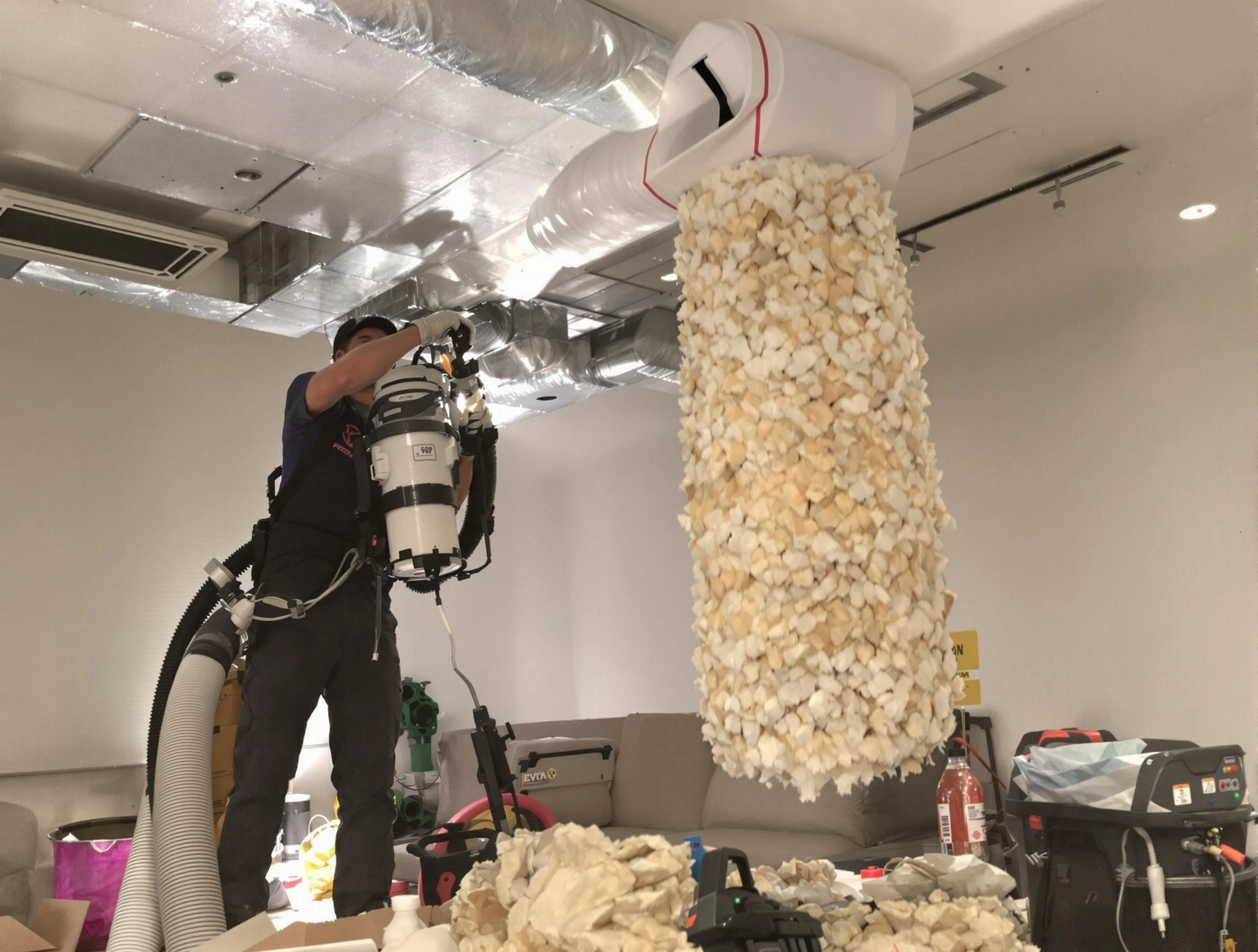 Thompson's Station Air Duct Cleaning technician performing precision vacuum insulation removal in a residential property in Thompson's Station